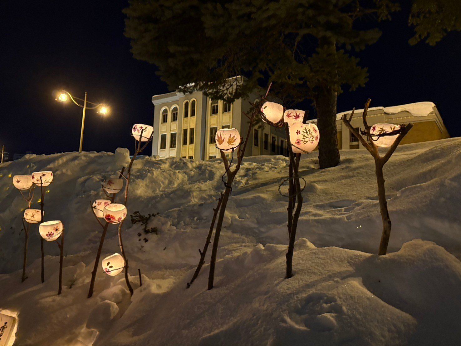 夜の雪の斜面に並ぶ、押し花模様の丸い灯りを枝に載せた雪あかりの路のキャンドル