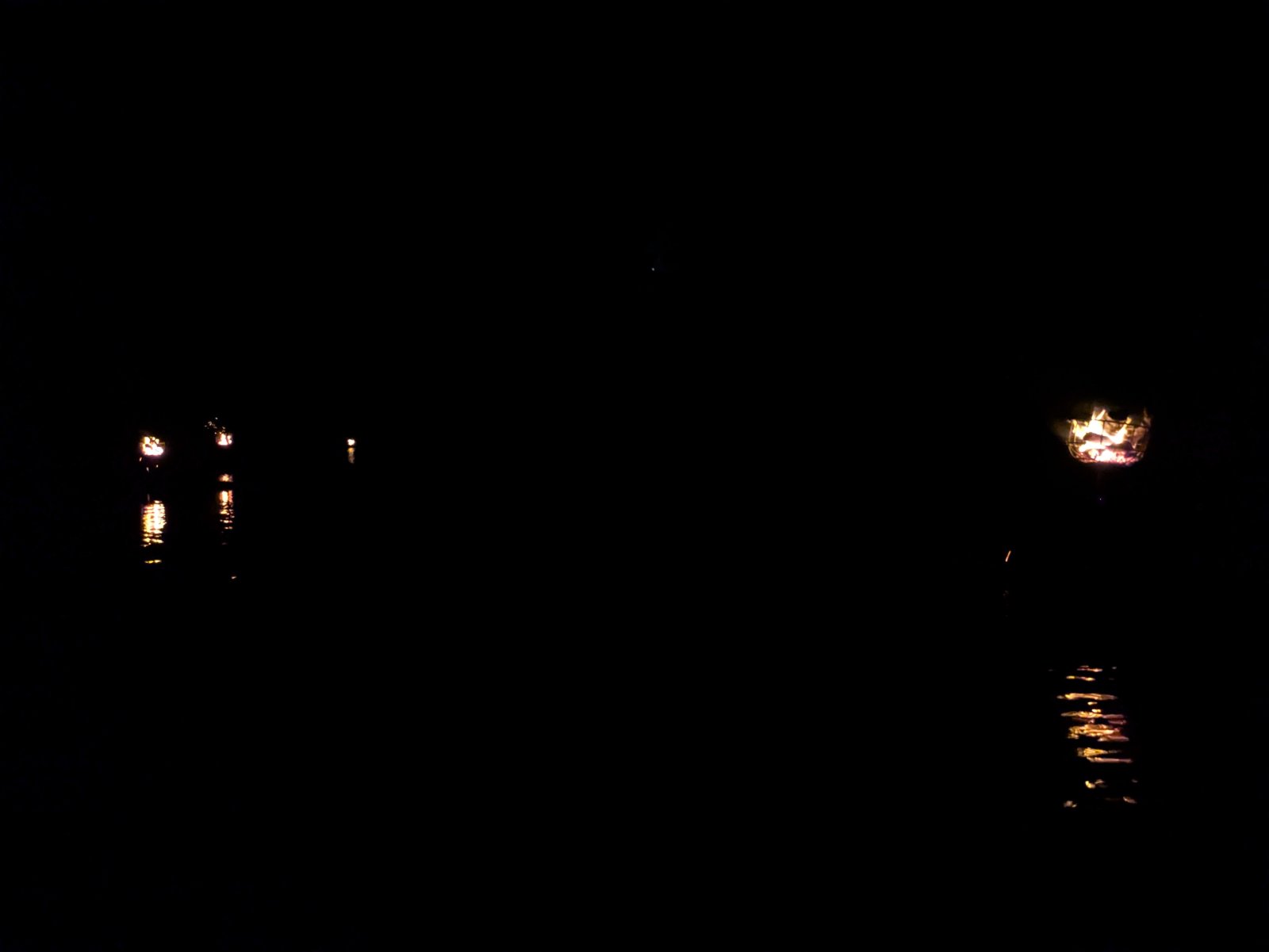 夜の暗い水面に映る、岸辺のかがり火の灯り
