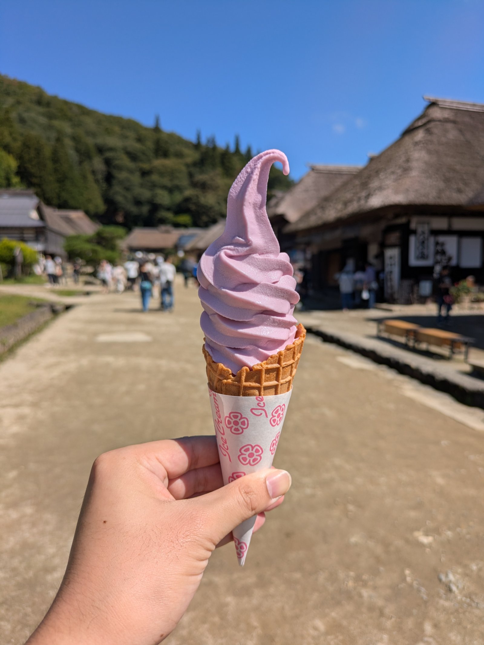 大内宿の茅葺屋根の家並みを背に、手に持った薄紫色のソフトクリーム