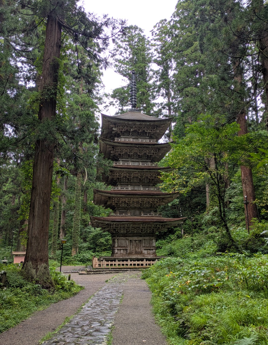 杉木立の中に立つ羽黒山の五重塔と、手前に続く石畳の参道