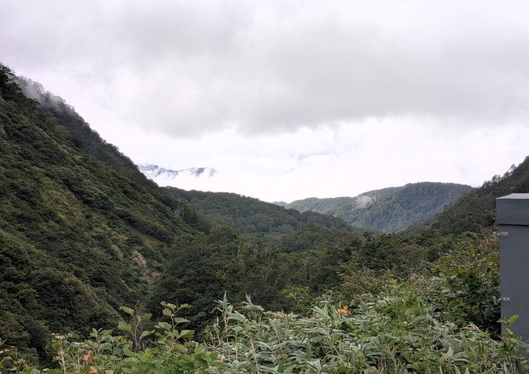 雲が低く垂れこめる湯殿山の緑の山あいと、遠くにのぞく残雪の山並み