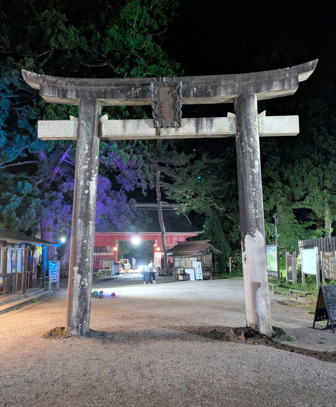 夜の羽黒山入口に立つ石の鳥居と、ライトアップされた木々の奥の赤い随神門