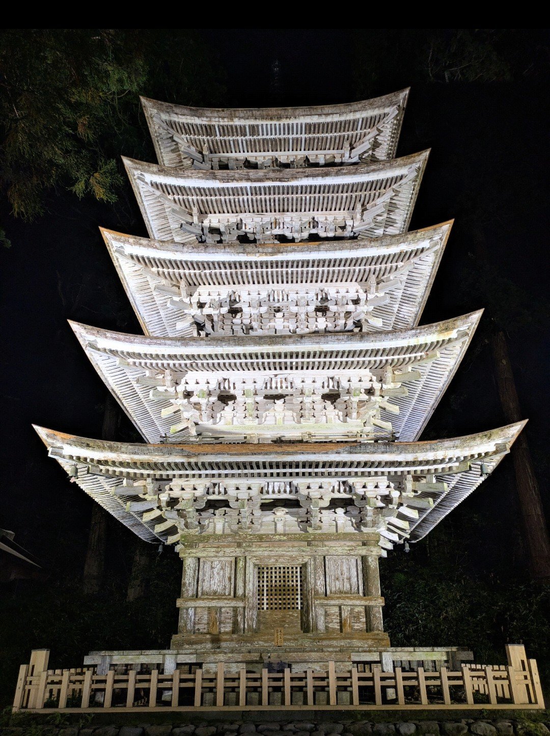 夜の闇の中でライトアップされた羽黒山の五重塔を見上げる